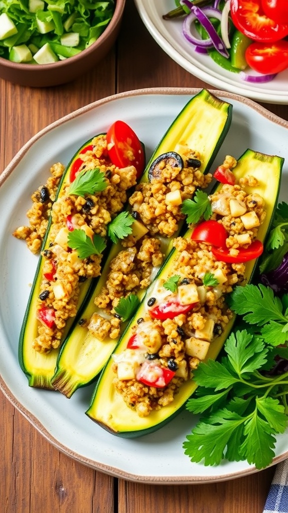 Stuffed zucchini boats filled with quinoa and vegetables, garnished with parsley, on a rustic wooden table.
